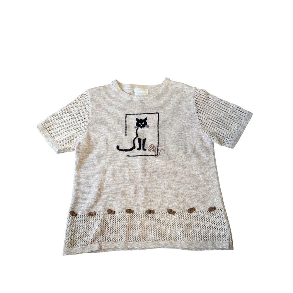Vintage Christopher & Banks Cat Hand Embroidered Short Sleeve Knit Womens M Fish